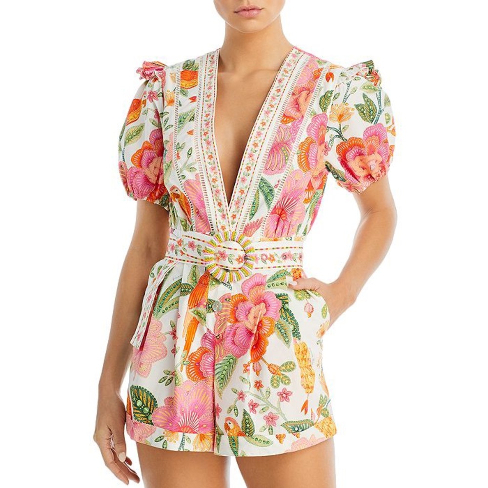 Farm Rio Macaw Bloom Off-White V-Neck Puff Sleeve Romper Size XL No Belt!!
